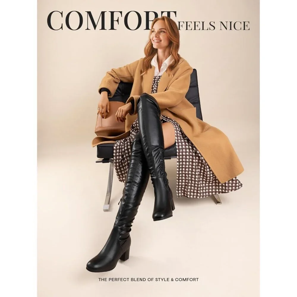 Women Black/Pu Faux Leather Over The Knee Chunky Heel Long Stretch Boots